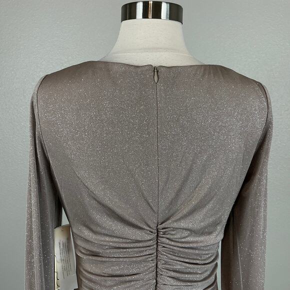 Eliza J Gold Metallic Long Sleeve Evening Gown Size 10 Ruched Thigh Slit Formal - Picture 10 of 14